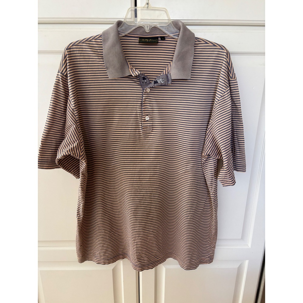 Bobby Jones Collection Mens Large Polo Shirt Blue Tan Striped Cotton Made Italy